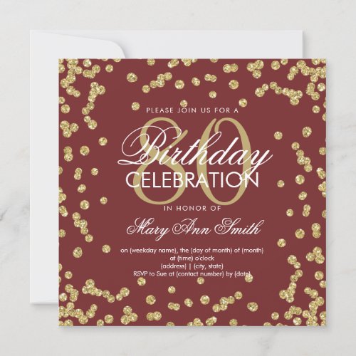 Gold Burgundy 80th Birthday Glitter Confetti Invitation