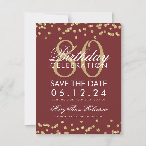 Gold Burgundy 80th Birthday Save Date Confetti Save The Date