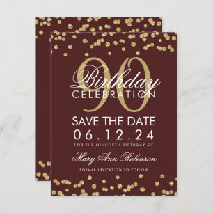 Gold Burgundy 90th Birthday Save Date Confetti Invitation