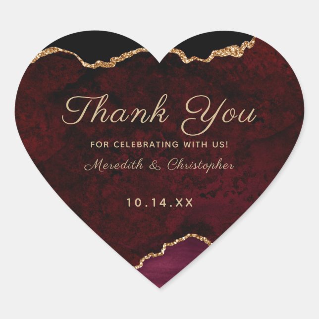 Gold Burgundy Agate Wedding Thank You Heart Sticker (Front)