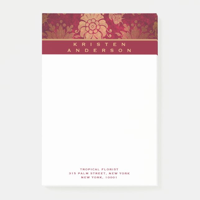 Gold Burgundy Antique Floral Personalized Business Post-it Notes (Front)