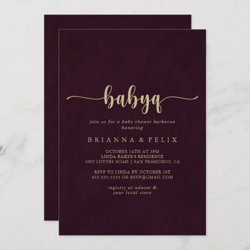 Gold Burgundy BabyQ Baby Shower Barbecue  Invitation