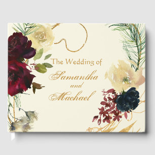Gold Burgundy Blue Watercolor Floral Wreath Weddin Guest Book