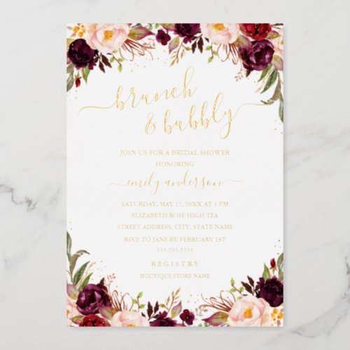 Gold Burgundy Blush Floral Bridal Shower Foil Invitation
