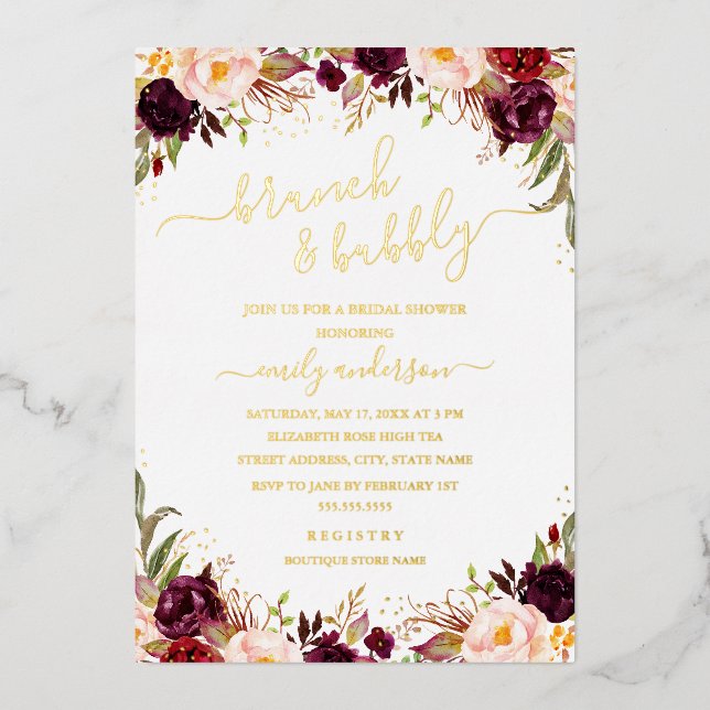 Gold Burgundy Blush Floral Bridal Shower Foil Invitation (Front)