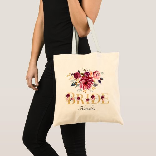 Gold Burgundy Blush Floral Bride Wedding Tote Bag