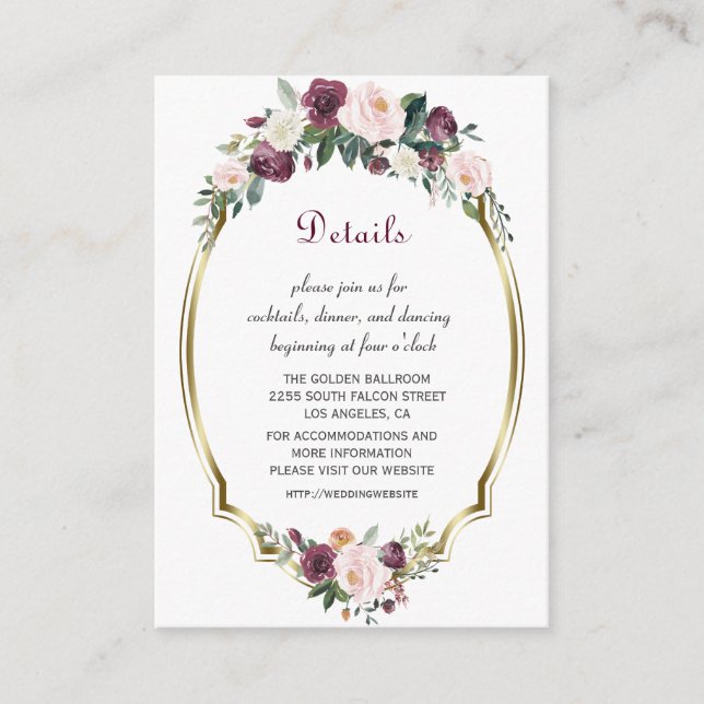 Gold Burgundy Blush Floral Wedding Details Enclosure Card (Front)