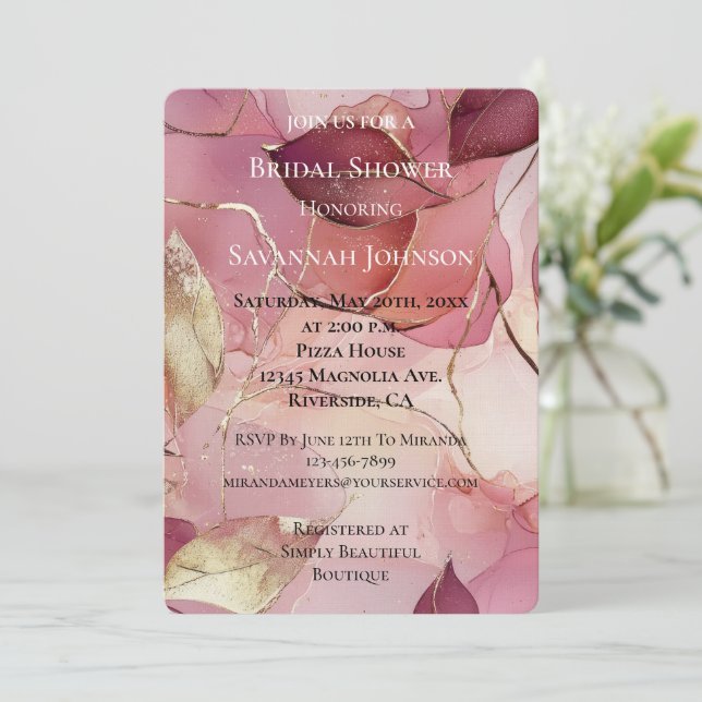 Gold Burgundy Blush Leaves Romantic Bridal Shower Invitation (Standing Front)