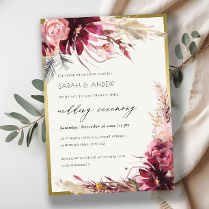 Gold Burgundy Blush Pampas Grass Wedding Invitation