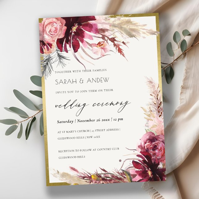 Gold Burgundy Blush Pampas Grass Wedding Invitation (Creator Uploaded)