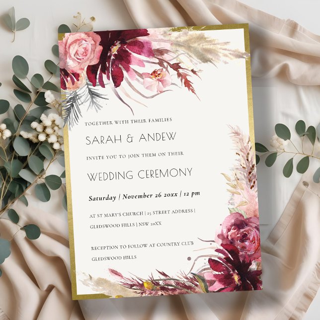 Gold Burgundy Blush Pampas Grass Wedding Invitation (Creator Uploaded)