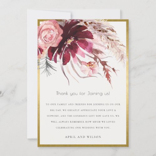 Gold Burgundy Blush Pampas Grass Wedding Thank You Card