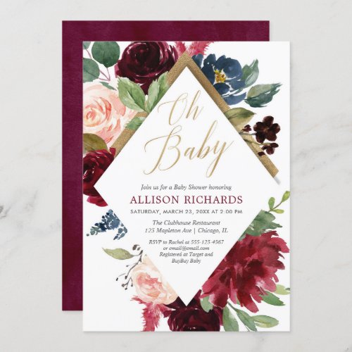 Gold burgundy blush pink floral girl baby shower invitation