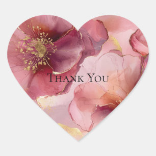 Gold Burgundy Blush Pink Floral Thank You Heart Sticker
