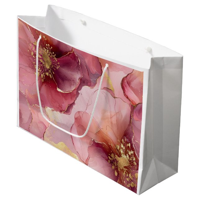 Gold Burgundy Blush Pink Flowers Bridal Shower Large Gift Bag (Front Angled)