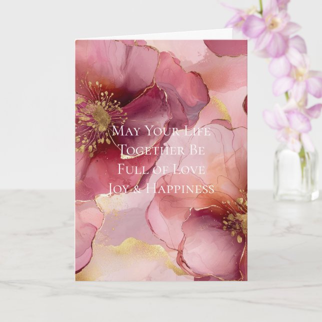 Gold Burgundy Blush Pink Flowers Wedding Card (Orchid)