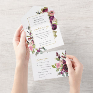 GOLD BURGUNDY BLUSH ROSE FLORAL WATERCOLOR WEDDING ALL IN ONE INVITATION