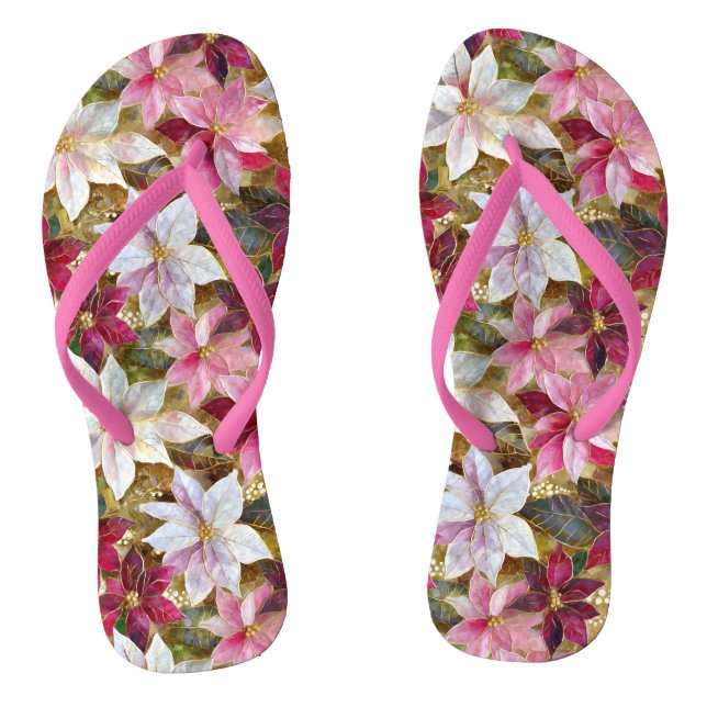 Gold Burgundy Bronze Pink Red White Poinsettia Flip Flops (Footbed)