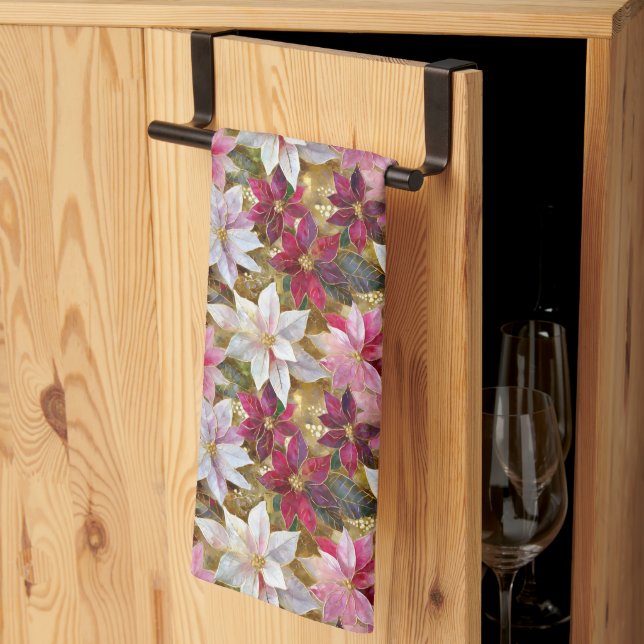 Gold Burgundy Bronze Pink Red White Poinsettia Kitchen Towel (Thirds Fold)