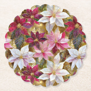Gold Burgundy Bronze Pink Red White Poinsettia Paper Coaster