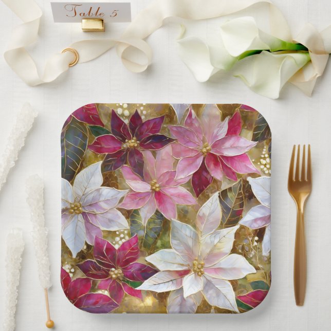 Gold Burgundy Bronze Pink Red White Poinsettia Paper Plates (Wedding)