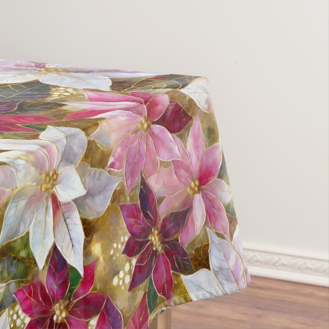 Gold Burgundy Bronze Pink Red White Poinsettia Tablecloth (In Situ)