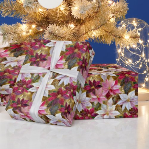 Gold Burgundy Bronze Pink Red White Poinsettia Wrapping Paper