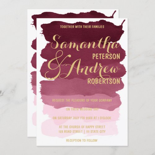 Gold burgundy brushstrok  watercolor ombre Wedding Invitation