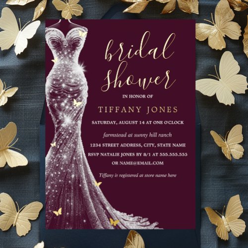 Gold Burgundy Butterfly Dress Bridal Shower  Foil Invitation