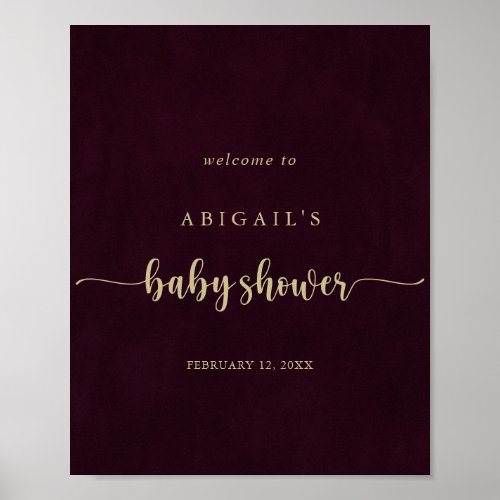 Gold Burgundy Calligraphy Baby Shower Welcome  Poster