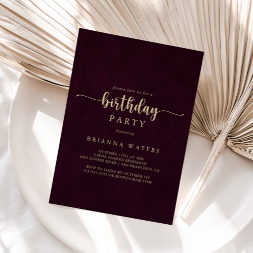 Gold Burgundy Calligraphy Birthday Party 