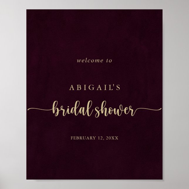 Gold Burgundy Calligraphy Bridal Shower Welcome Poster (Front)