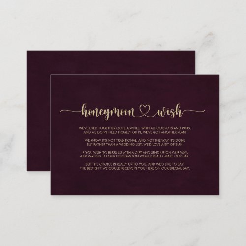 Gold Burgundy Calligraphy Honeymoon Wish  Enclosure Card