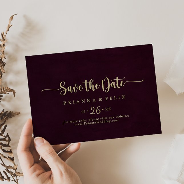 Gold Burgundy Calligraphy Horizontal Wedding  Save The Date (Creator Uploaded)