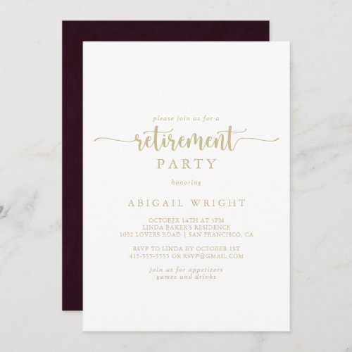 Gold Burgundy Calligraphy Retirement Party Invitation
