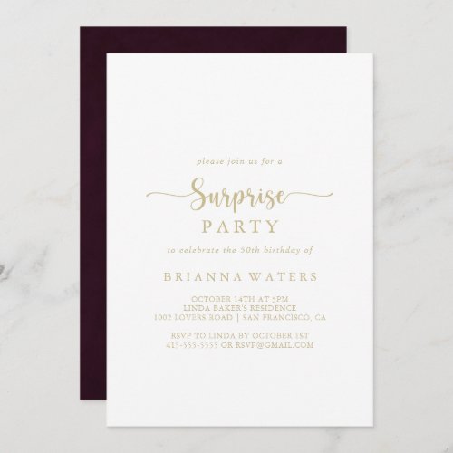 Gold Burgundy Calligraphy Surprise Party  Invitation