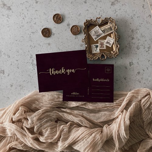 Gold Burgundy Calligraphy Thank You  Postcard