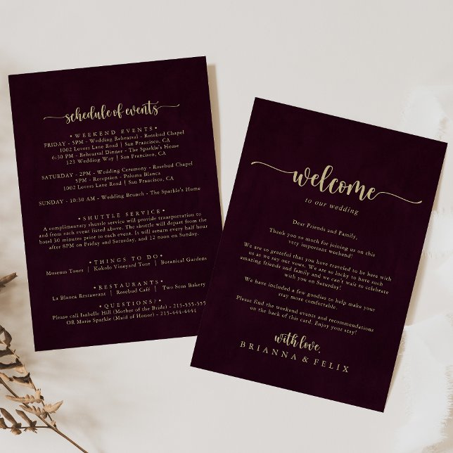 Gold Burgundy Calligraphy Wedding Welcome Letter (Creator Uploaded)