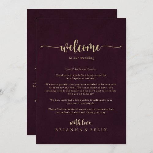Gold Burgundy Calligraphy Wedding Welcome Letter