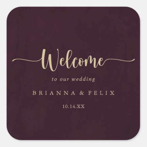 Gold Burgundy Calligraphy Wedding Welcome  Square Sticker