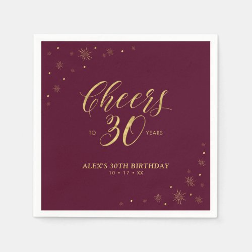 Gold  Burgundy Cheers 30th Birthday Party Napkins