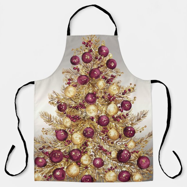Gold Burgundy Christmas Tree Holiday Apron (Front)