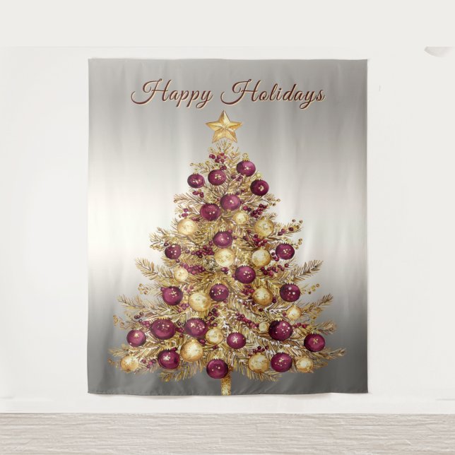Gold Burgundy Christmas Tree Holiday Backdrop (Front)