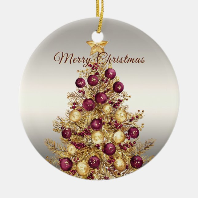 Gold Burgundy Christmas Tree Holiday Ceramic Ornament (Front)