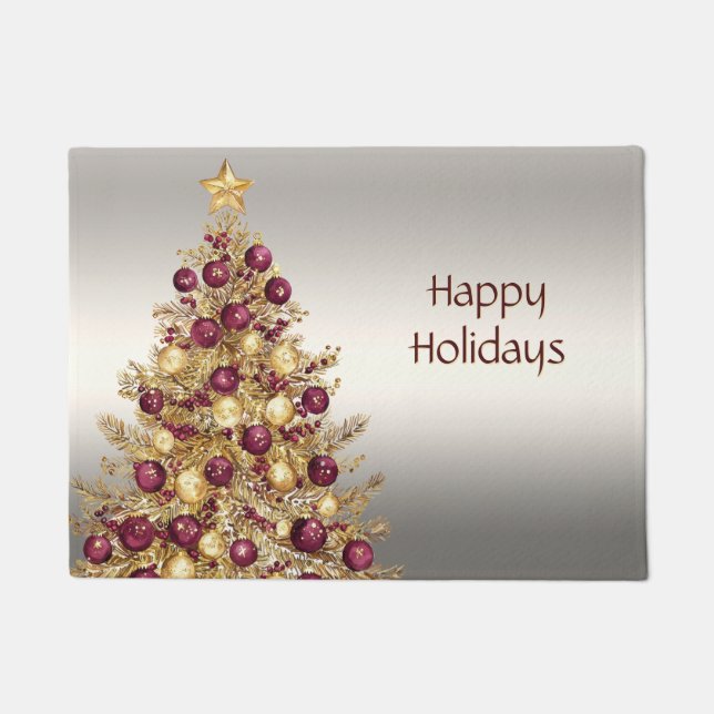 Gold Burgundy Christmas Tree Holiday Doormat (Front)