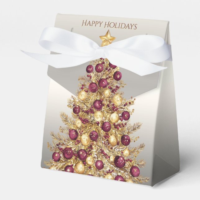 Gold Burgundy Christmas Tree Holiday Gift Box (Front Side)