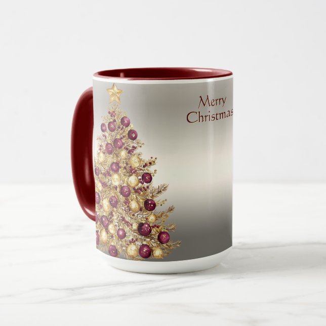 Gold Burgundy Christmas Tree Holiday Mug (Front Left)