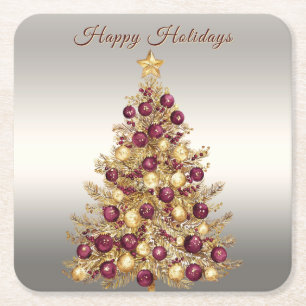 Gold Burgundy Christmas Tree Holiday Paper Coaster