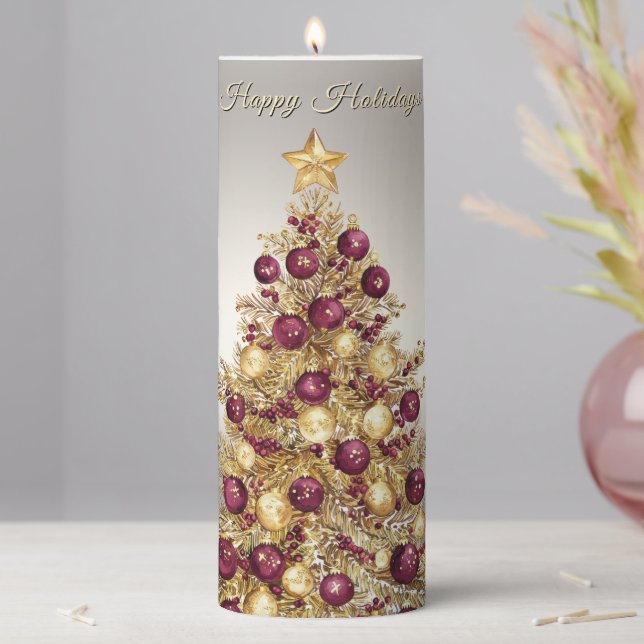 Gold Burgundy Christmas Tree Holiday Pillar Candle (In Situ)