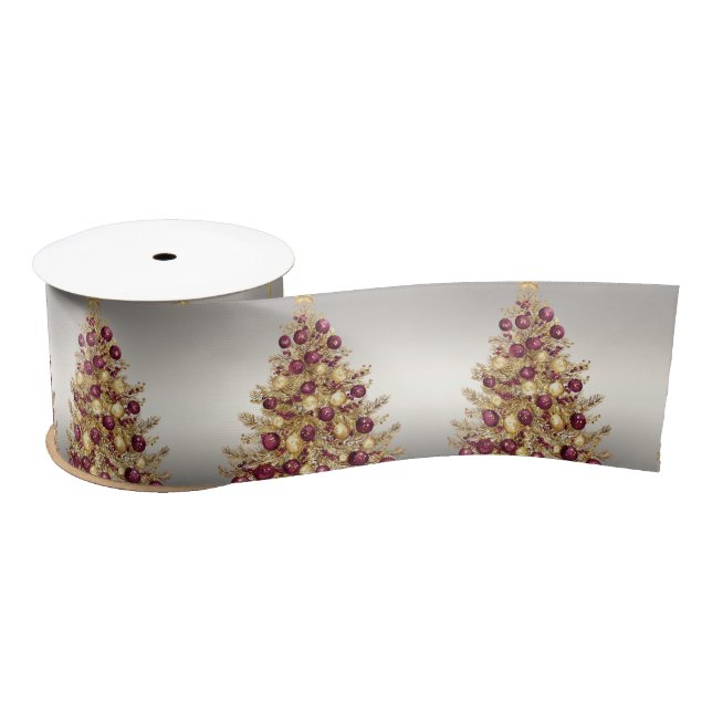 Gold Burgundy Christmas Tree Holiday Satin Ribbon (Spool)